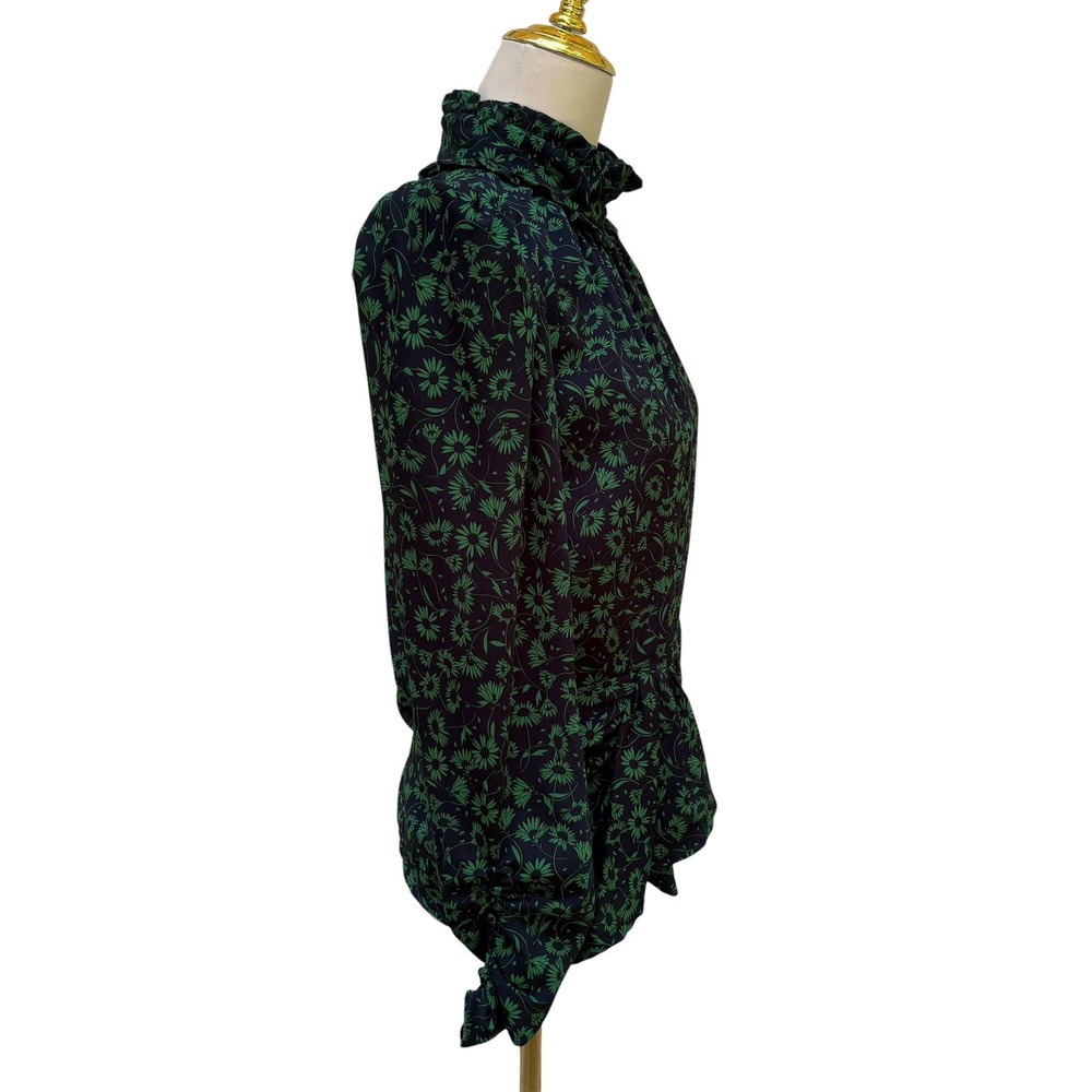 Zara Floral High Neck Blouse XL Green Black Puff Sleeve Ruffle NWT Victorian - Picture 5 of 10
